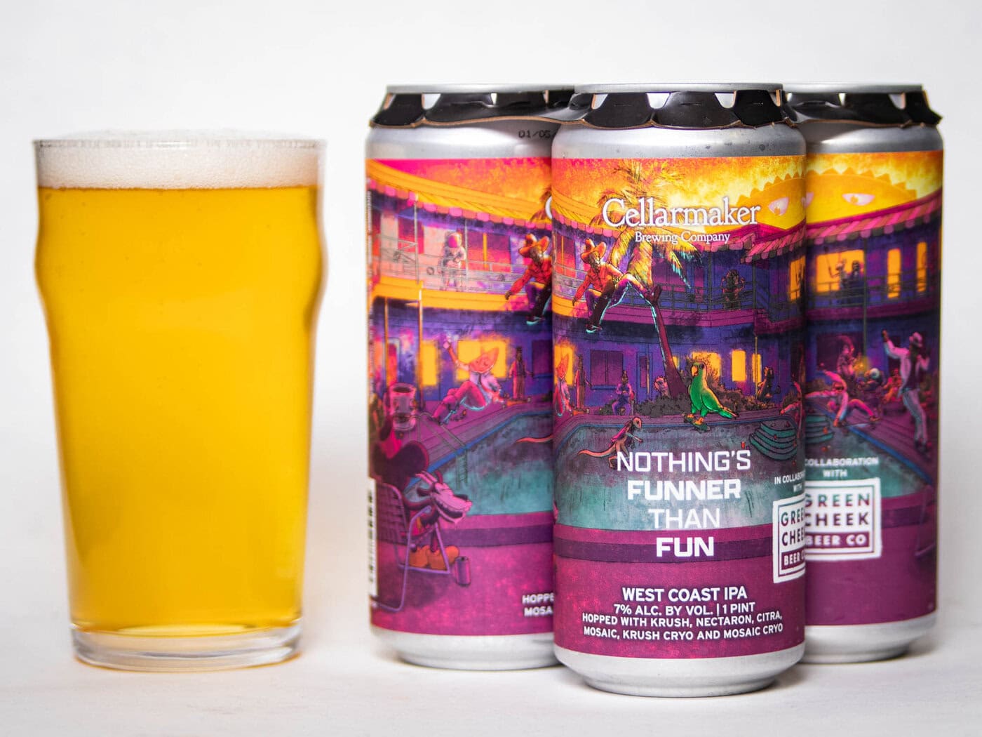 A Glass Of Hazy Yellow Beer Stands Beside Three Colorful Cans Of Cellarmaker Brewing Company'S &Amp;Quot;Nothing'S Funner Than Fun&Amp;Quot; West Coast Ipa, Featuring Vibrant, Playful Artwork On The Labels.
